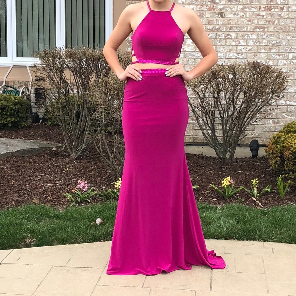 Long pink two piece prom dress